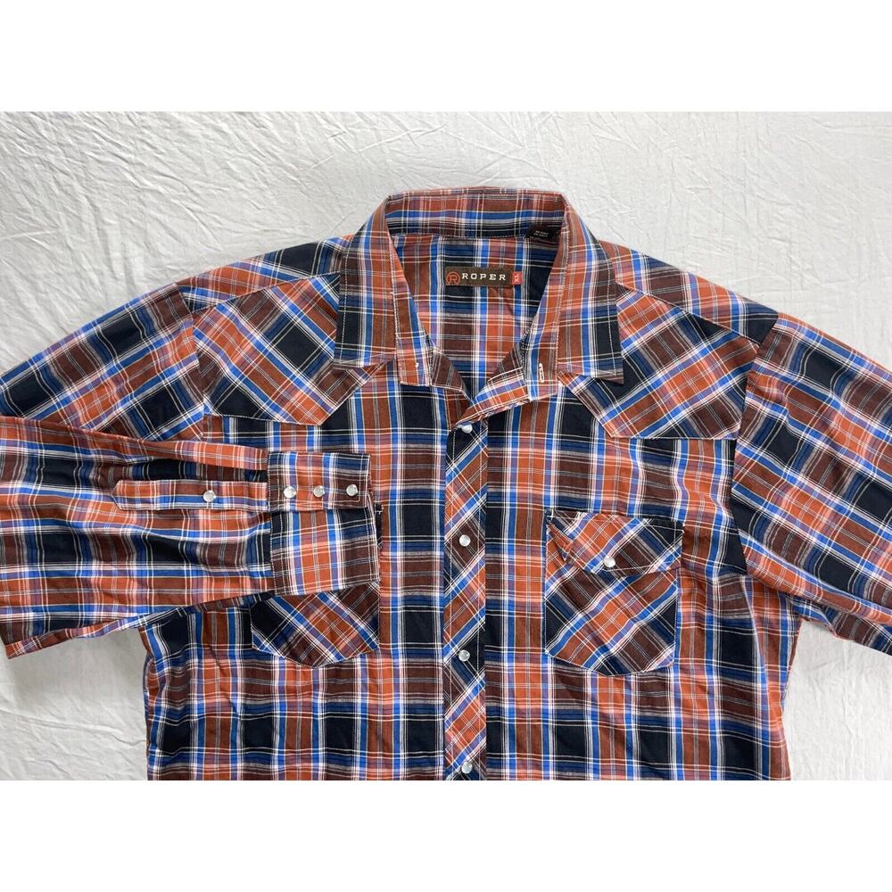 Roper Long Sleeve Pearl Snap Western Rodeo Shirt. Orange/Blue Plaid, Men's XL.